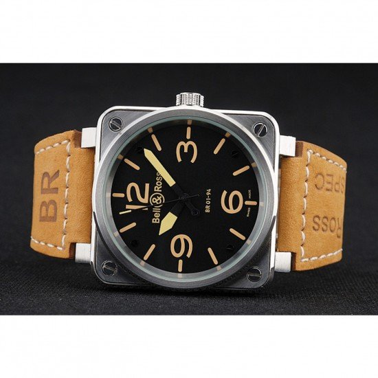 Bell and Ross BR 01-92 Black Dial Silver Case Gold Numerals Brown Leather Strap