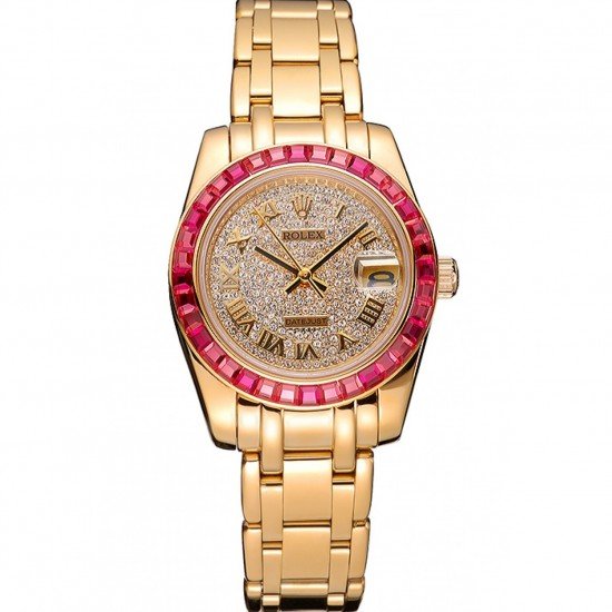 Rolex Datejust Diamond Dial Pink Jewels Bezel Gold Case And Bracelet 622835