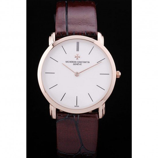 Vacheron Constantin Patrimony White Dial Rose Gold Case Rich Maroon Leather Bracelet