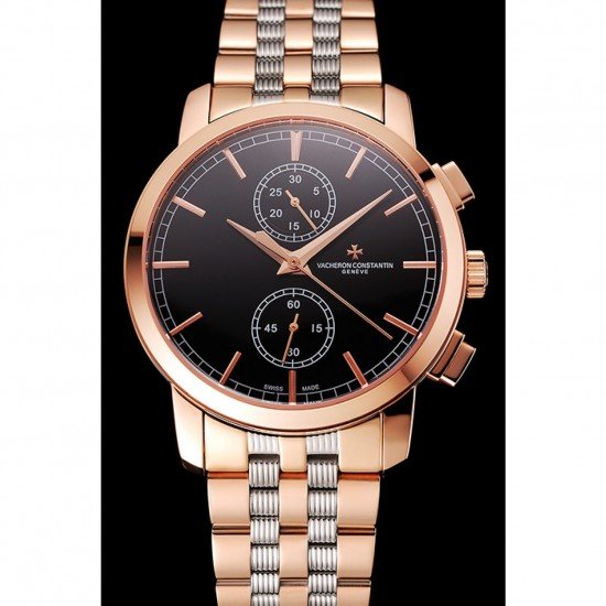 Swiss Vacheron Constantin Patrimony Traditionnelle Chronograph Black Dial Rose Gold Case Two Tone Bracelet 1453758