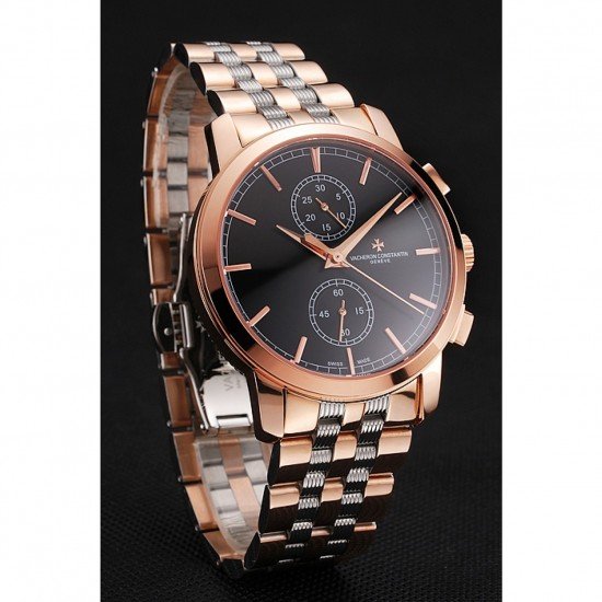 Swiss Vacheron Constantin Patrimony Traditionnelle Chronograph Black Dial Rose Gold Case Two Tone Bracelet 1453758