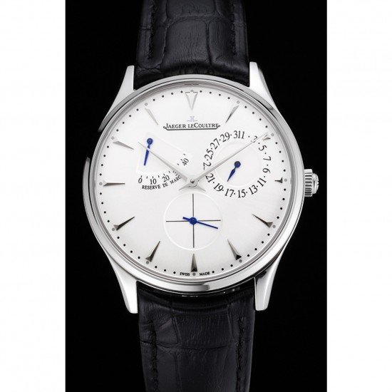 Swiss Jaeger LeCoultre Master Ultra Thin Reserve De Marche White Dial Stainless Steel Case Black Leather Strap