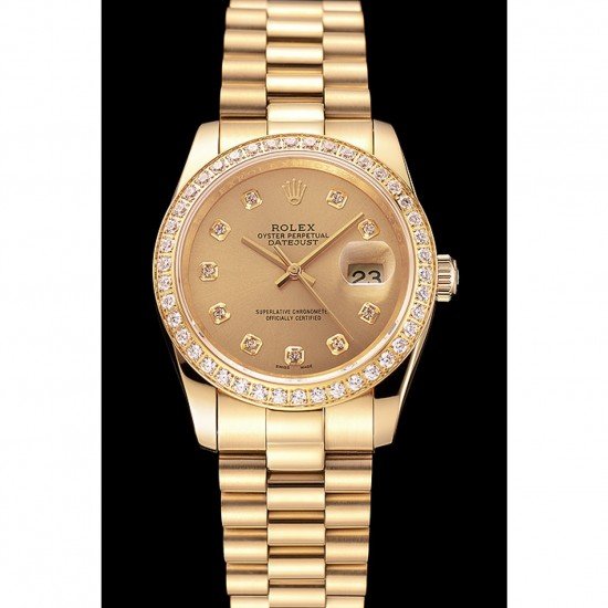 Swiss Rolex Datejust Champagne Dial Diamond Bezel Gold Bracelet 1454097