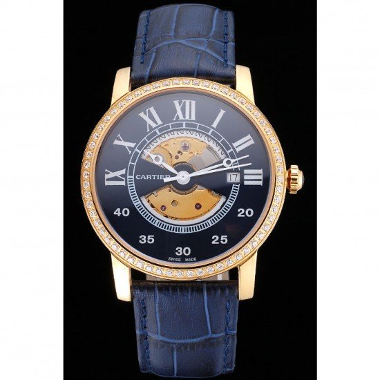 Swiss Cartier Rotonde Small Complication Blue Dial Gold Diamond Case Blue Leather Strap