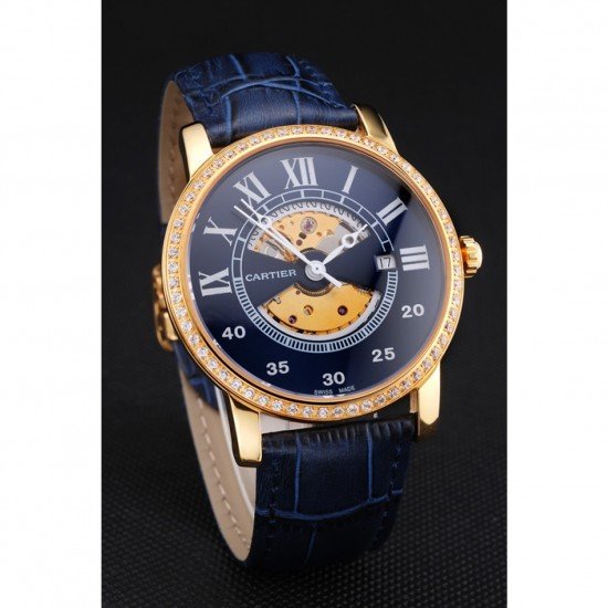 Swiss Cartier Rotonde Small Complication Blue Dial Gold Diamond Case Blue Leather Strap