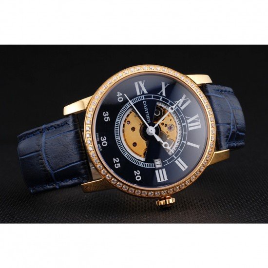 Swiss Cartier Rotonde Small Complication Blue Dial Gold Diamond Case Blue Leather Strap