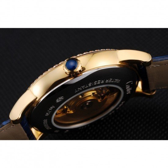 Swiss Cartier Rotonde Small Complication Blue Dial Gold Diamond Case Blue Leather Strap