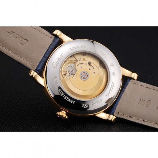 Swiss Cartier Rotonde Small Complication Blue Dial Gold Diamond Case Blue Leather Strap