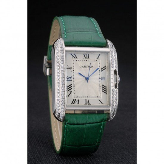 Cartier Tank Anglaise 36mm White Dial Diamonds Steel Case Green Leather Bracelet