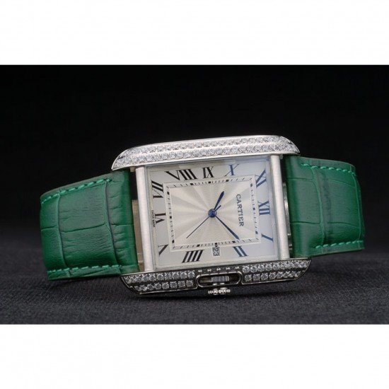 Cartier Tank Anglaise 36mm White Dial Diamonds Steel Case Green Leather Bracelet