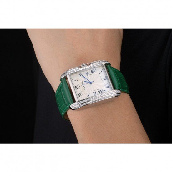 Cartier Tank Anglaise 36mm White Dial Diamonds Steel Case Green Leather Bracelet