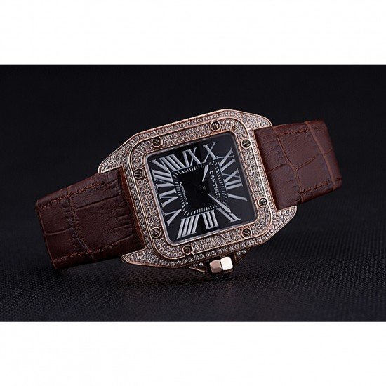 Swiss Cartier Santos Black Dial Diamonds Case Brown Leather Bracelet 622550