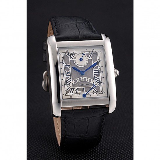 Cartier Tank White Dial Stainless Steel Case Black Leather Strap 622761