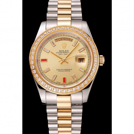 Swiss Rolex Day-Date Diamonds And Rubies Champagne Dial Two Tone Bracelet 1454104