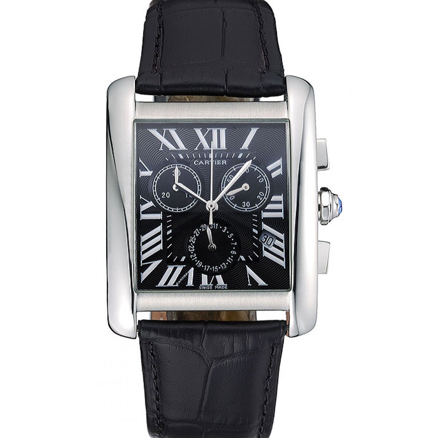 Cartier Tank MC Black Dial Stainless Steel Case Black Leather Bracelet 622690