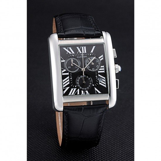 Cartier Tank MC Black Dial Stainless Steel Case Black Leather Bracelet 622690