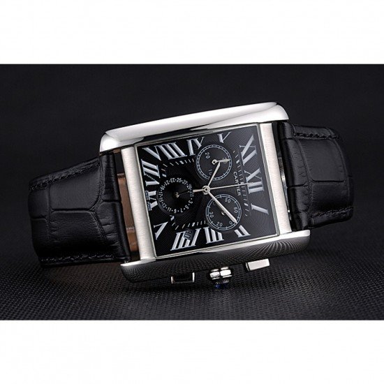 Cartier Tank MC Black Dial Stainless Steel Case Black Leather Bracelet 622690