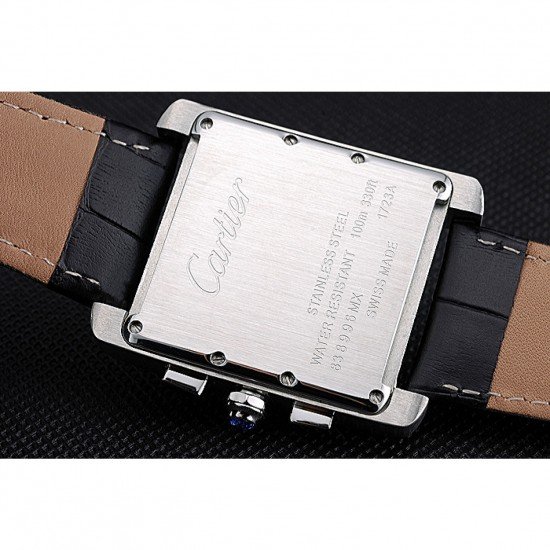 Cartier Tank MC Black Dial Stainless Steel Case Black Leather Bracelet 622690