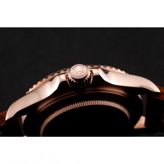 Rolex Yacht Master Black Dial Rose Gold Case Brown Leather Bracelet 1453861