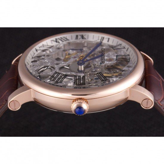 Cartier Luxury Skeleton Watch with Rose Gold Bezel and Brown Leather Band 621557