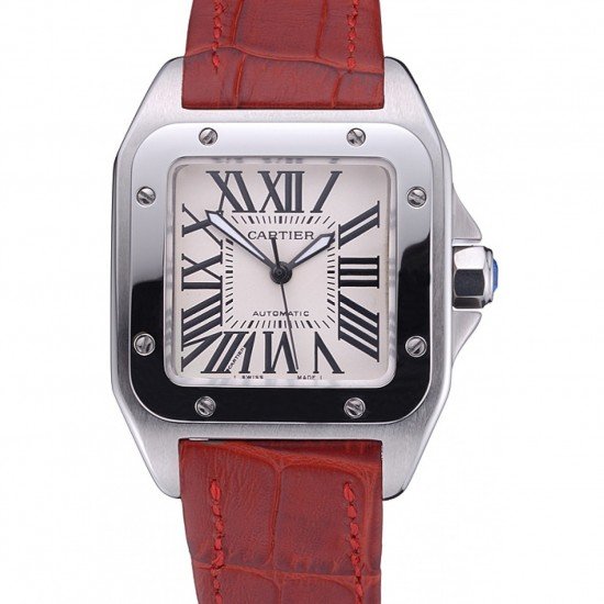 Swiss Cartier Santos White Dial Stainless Steel Case Red Leather Bracelet 622551