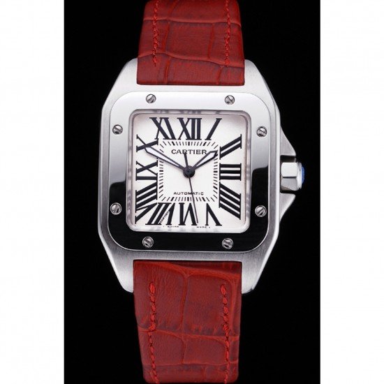 Swiss Cartier Santos White Dial Stainless Steel Case Red Leather Bracelet 622551