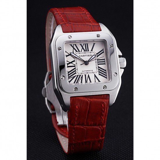 Swiss Cartier Santos White Dial Stainless Steel Case Red Leather Bracelet 622551