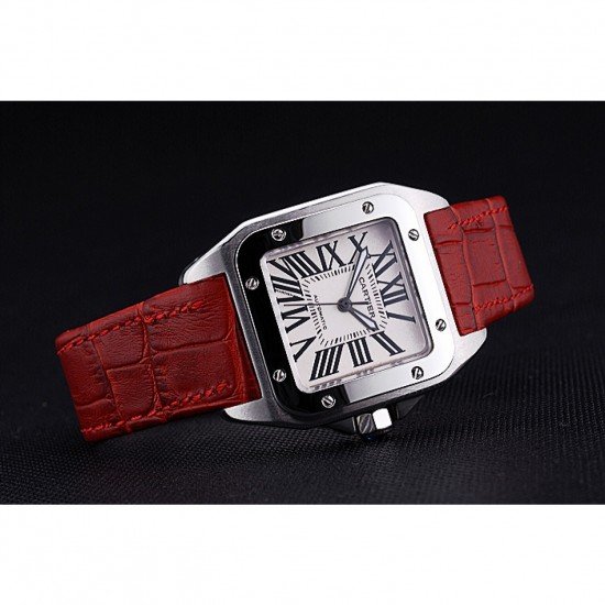 Swiss Cartier Santos White Dial Stainless Steel Case Red Leather Bracelet 622551