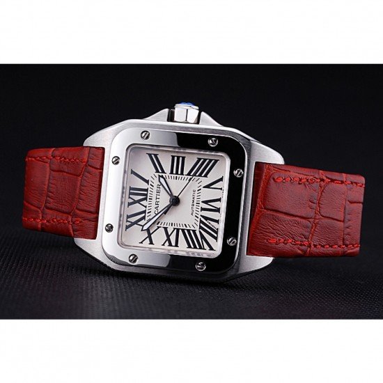 Swiss Cartier Santos White Dial Stainless Steel Case Red Leather Bracelet 622551