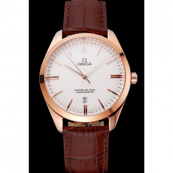 Omega Tresor Master Co-Axial White Dial Rose Gold Case Brown Leather Strap