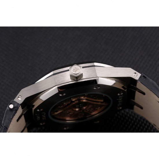 Swiss Audemars Piguet Royal Oak Black Dial Steel Case With Diamonds Black Leather Strap