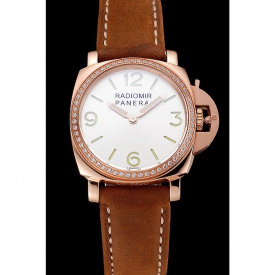 Panerai Radiomir White Dial Diamond Bezel Rose Gold Case Brown Suede Leather Strap 1453799