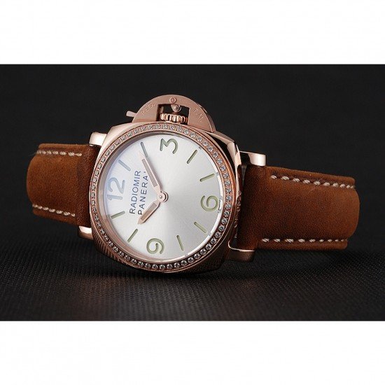 Panerai Radiomir White Dial Diamond Bezel Rose Gold Case Brown Suede Leather Strap 1453799