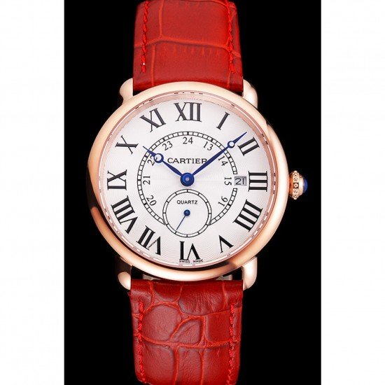 Cartier Ronde Louis Cartier White Dial Gold Case Red Leather Strap