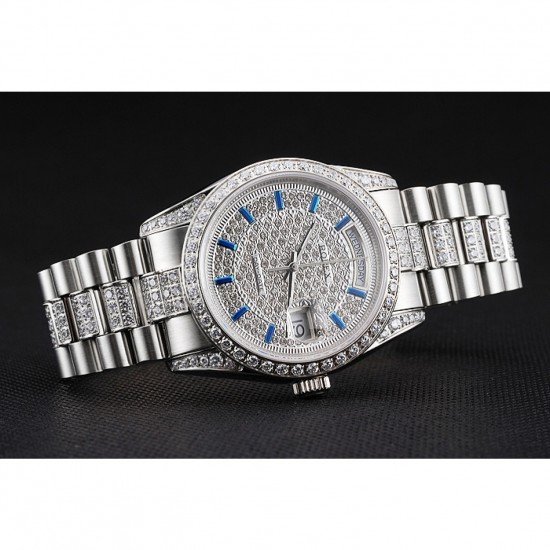 Swiss Rolex Day Date Diamond Pave Dial And Bezel And Stainless Steel Bracelet