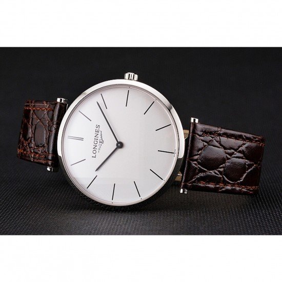 Swiss Longines Grande Classique White Dial Stainless Steel Case Brown Leather Strap