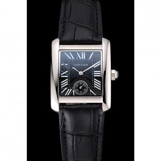 Cartier Tank MC Stainless Steel Case Black Dial Black Leather Strap 622174