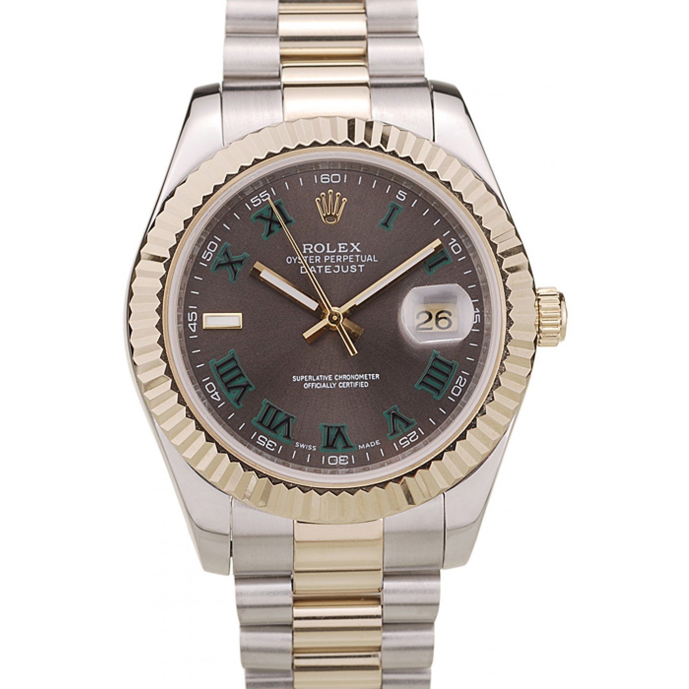 Rolex DateJust Gold Ribbed Pattern Bezel Brown Dial