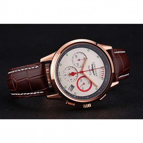 Longines Column Wheel White Dial Gold Case Brown Leather Strap