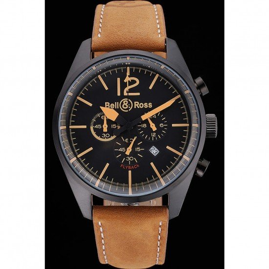 Bell and Ross BR126 Flyback Black Dial Black Case Gold Numerals Brown Suede Leather Strap