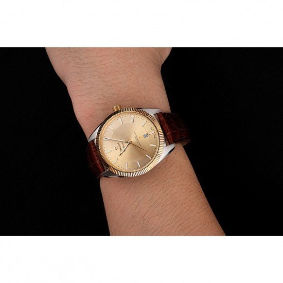 Omega Globemaster Gold Dial And Bezel Stainless Steel Case Brown Leather Strap
