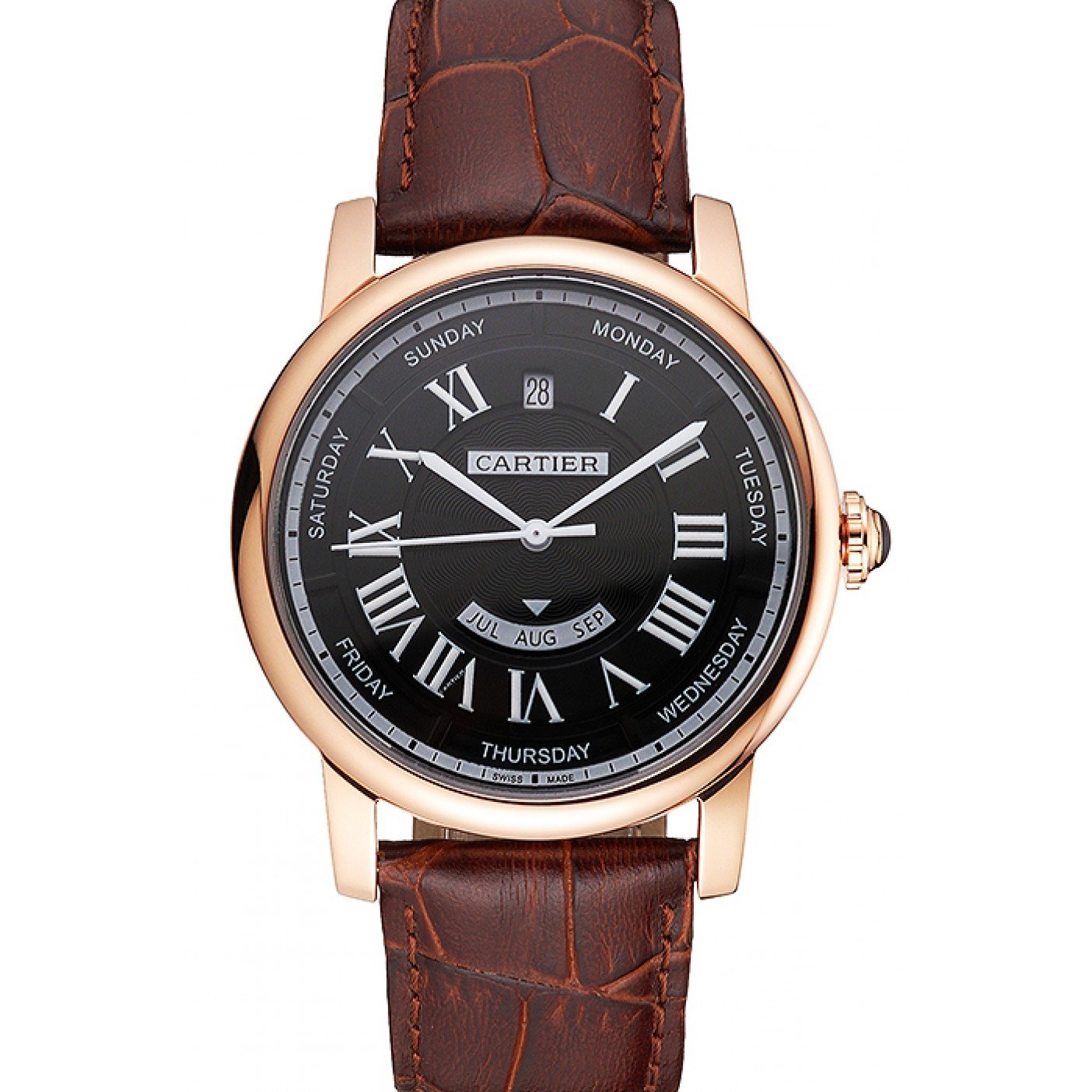 Swiss Cartier Rotonde Annual Calendar Black Dial Rose Gold Case Brown Leather Strap