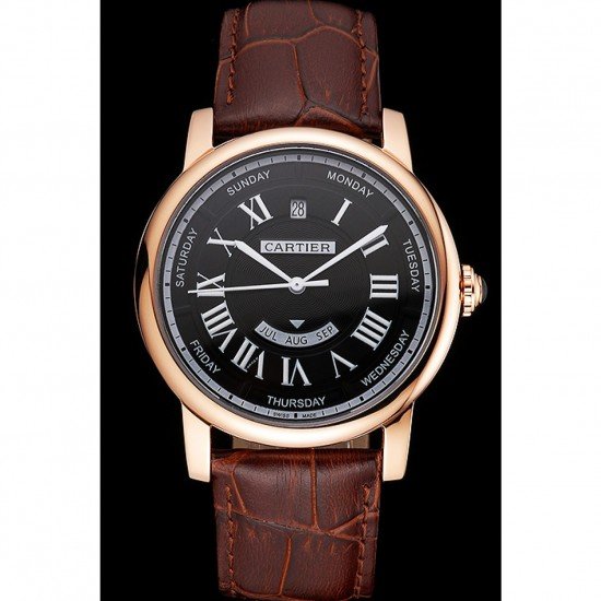 Swiss Cartier Rotonde Annual Calendar Black Dial Rose Gold Case Brown Leather Strap