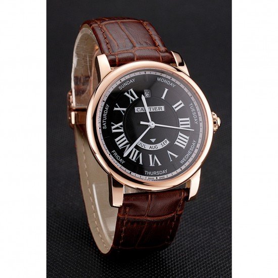 Swiss Cartier Rotonde Annual Calendar Black Dial Rose Gold Case Brown Leather Strap