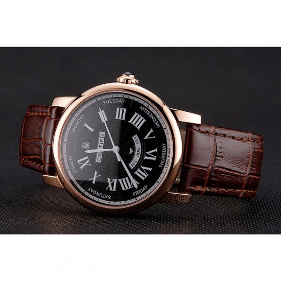 Swiss Cartier Rotonde Annual Calendar Black Dial Rose Gold Case Brown Leather Strap