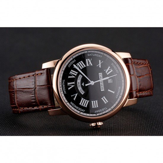 Swiss Cartier Rotonde Annual Calendar Black Dial Rose Gold Case Brown Leather Strap