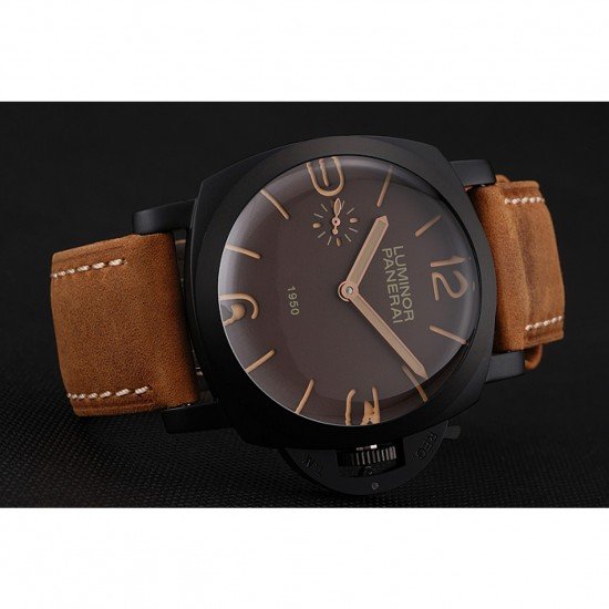 Swiss Panerai Luminor 1950 Brown Dial Black PVD Case Brown Suede Leather Strap 1453848