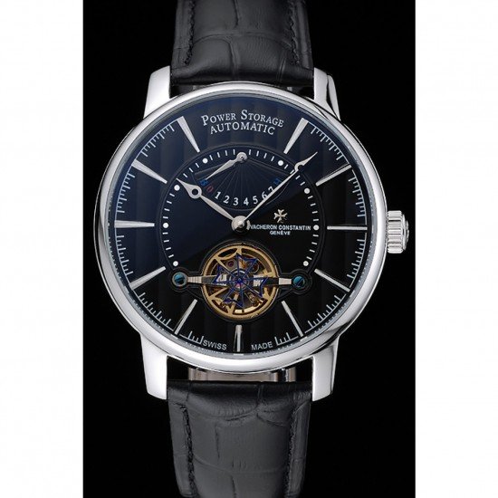 Vacheron Constantin Tourbillion Power Reserve Black Dial Silver Case Black Leather Bracelet 1454273