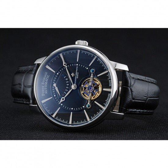 Vacheron Constantin Tourbillion Power Reserve Black Dial Silver Case Black Leather Bracelet 1454273