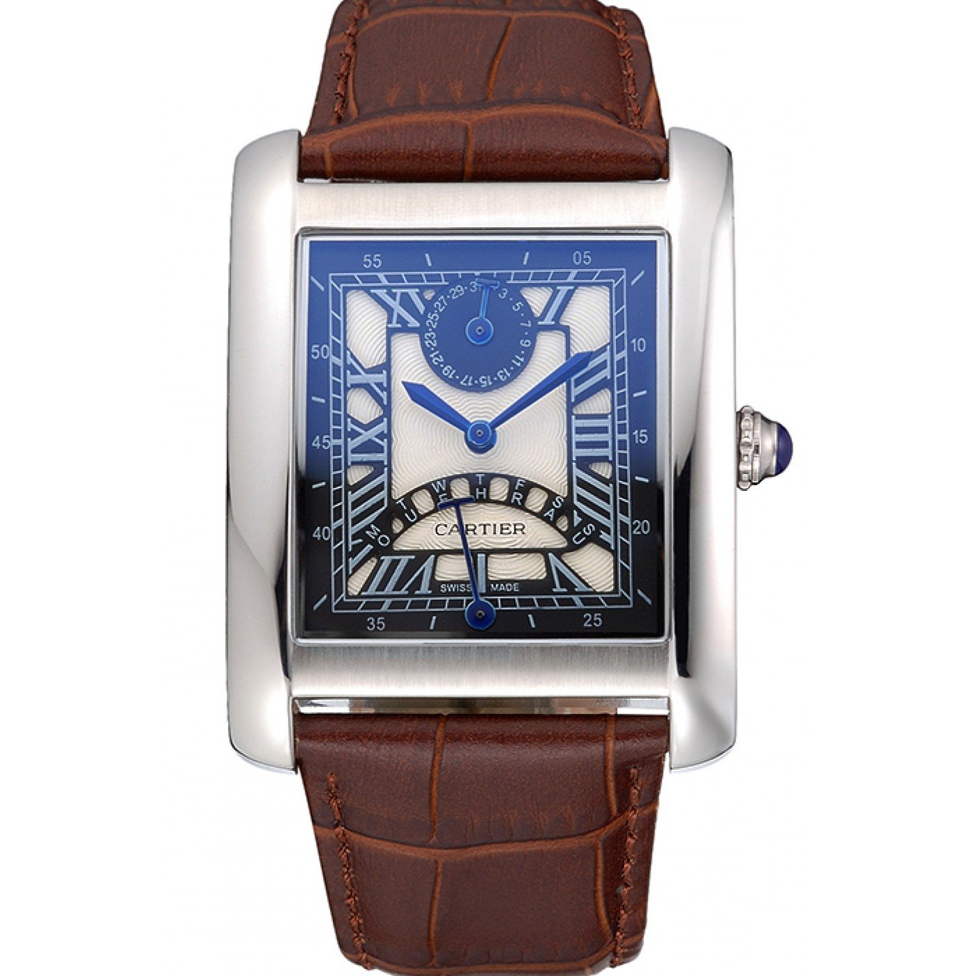 Cartier Tank Black And White Dial Stainless Steel Case Brown Leather Strap 622763